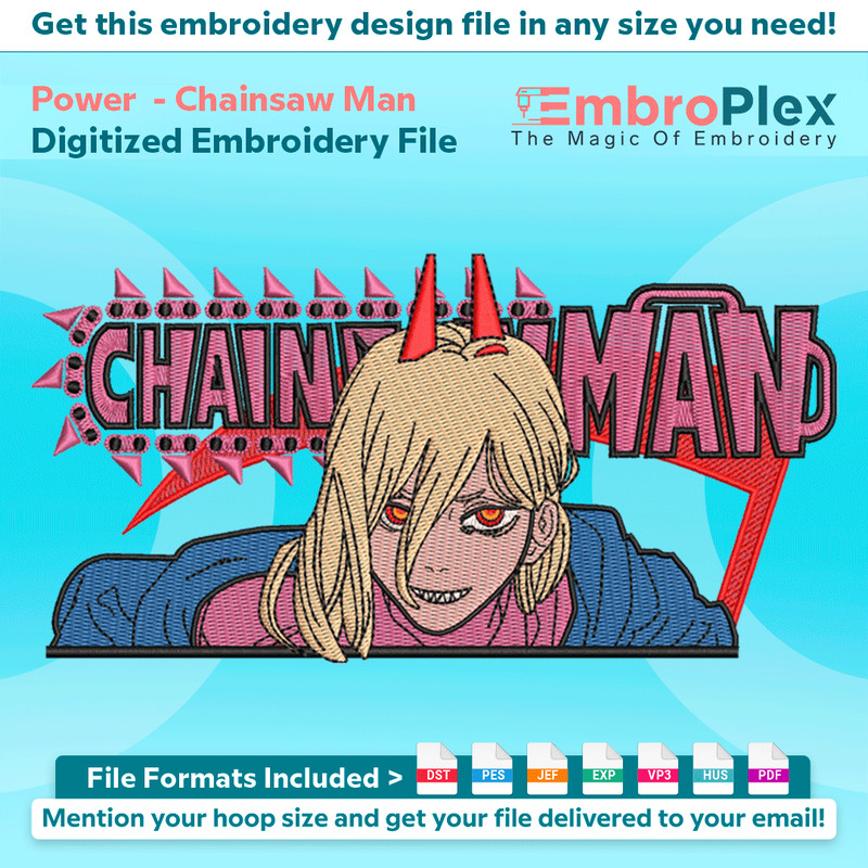 Anime-Inspired Power Embroidery Design File main image - This anime embroidery designs files featuring Power from Chainsaw Man. Digital download in DST & PES fo
