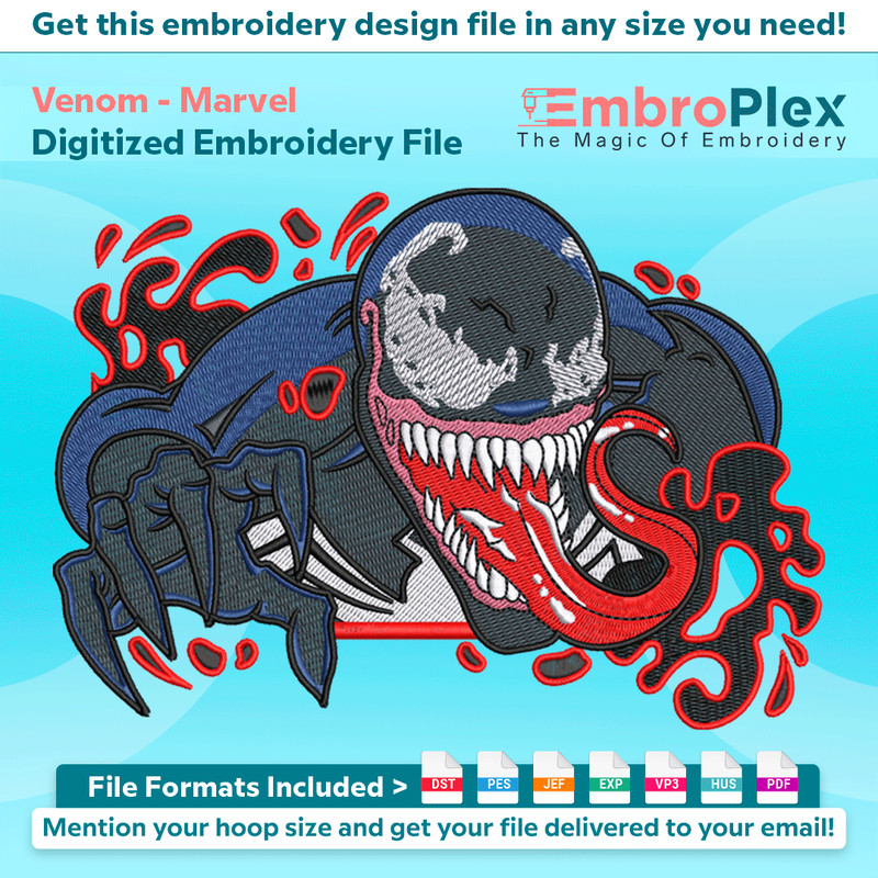 Anime-Inspired Venom Embroidery Design File main image - This anime embroidery designs files featuring Venom from Marvel. Digital download in DST & PES formats.