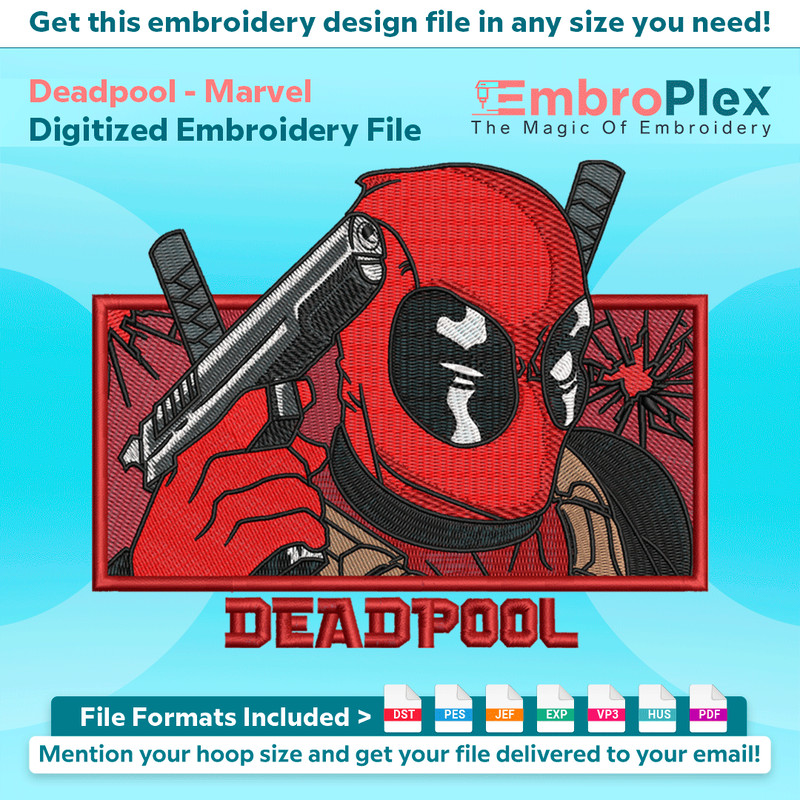 Anime-Inspired Deadpool Embroidery Design File main image - This anime embroidery designs files featuring Deadpool from Marvel. Digital download in DST & PES fo