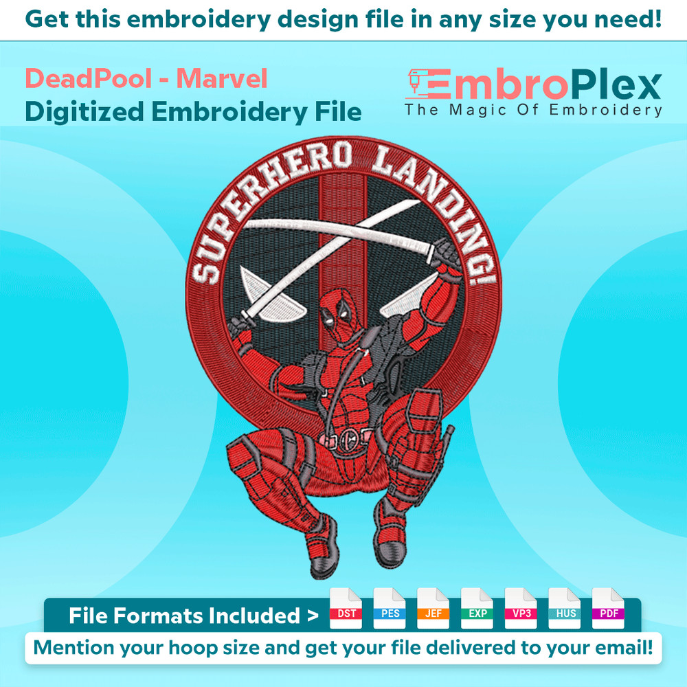 Anime-Inspired DeadPool Embroidery Design File main image - This anime embroidery designs files featuring DeadPool from Marvel. Digital download in DST & PES fo