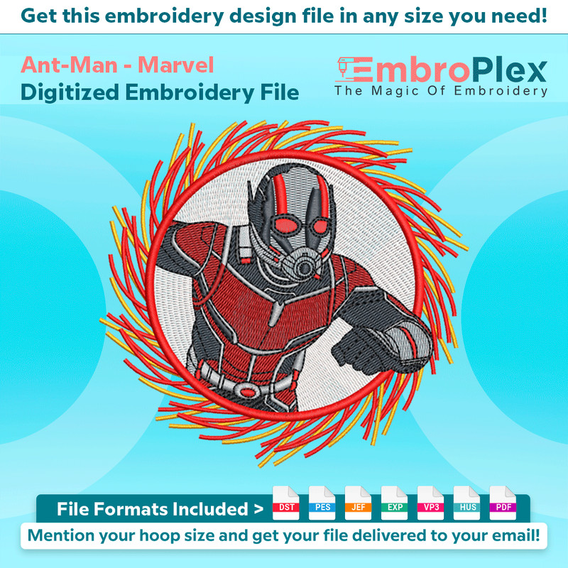 Anime-Inspired Ant-Man Embroidery Design File main image - This anime embroidery designs files featuring Ant-Man from Marvel. Digital download in DST & PES form