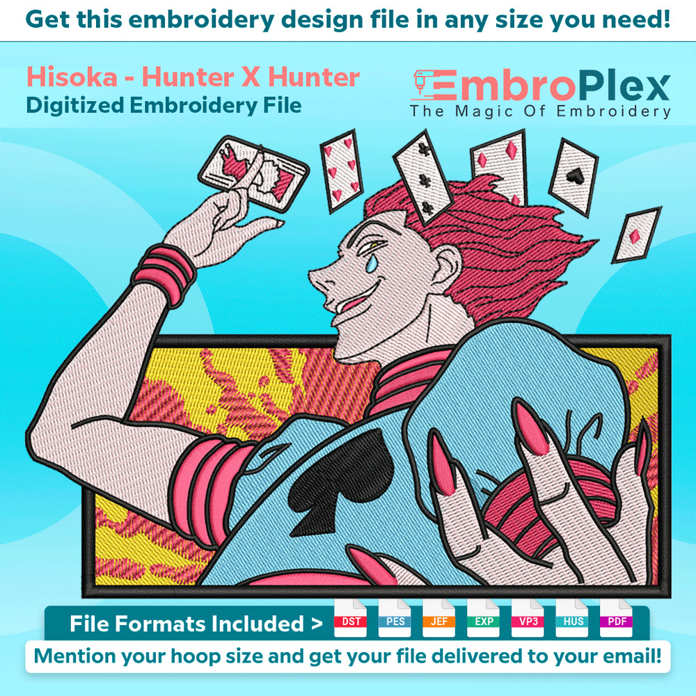 Anime-Inspired Hisoka Embroidery Design File main image - This anime embroidery designs files featuring Hisoka from Hunter X Hunter. Digital download in DST & P