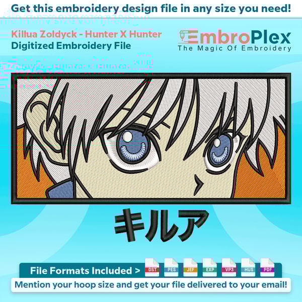 Anime-Inspired Killua Zoldyck Embroidery Design File main image - This anime embroidery designs files featuring Killua Zoldyck from Hunter X Hunter. Digital dow