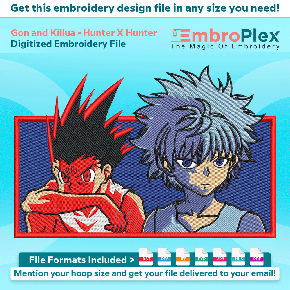 Anime-Inspired Gon and Killua Embroidery Design File main image - This anime embroidery designs files featuring Gon and Killua from Hunter X Hunter. Digital dow