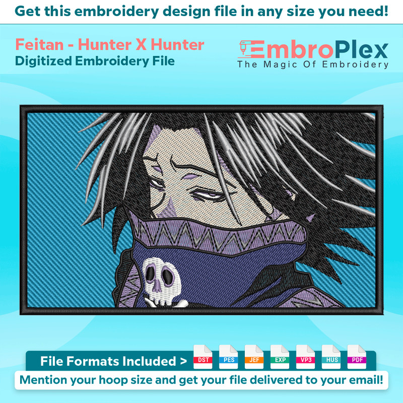 Anime-Inspired Feitan Embroidery Design File main image - This anime embroidery designs files featuring Feitan from Hunter X Hunter. Digital download in DST & P