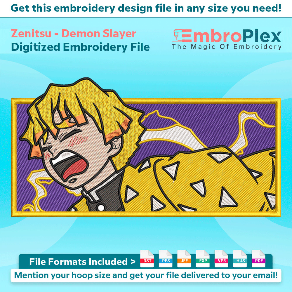 Anime-Inspired Zenitsu Embroidery Design File main image - This anime embroidery designs files featuring Zenitsu from Demon Slayer. Digital download in DST & PE
