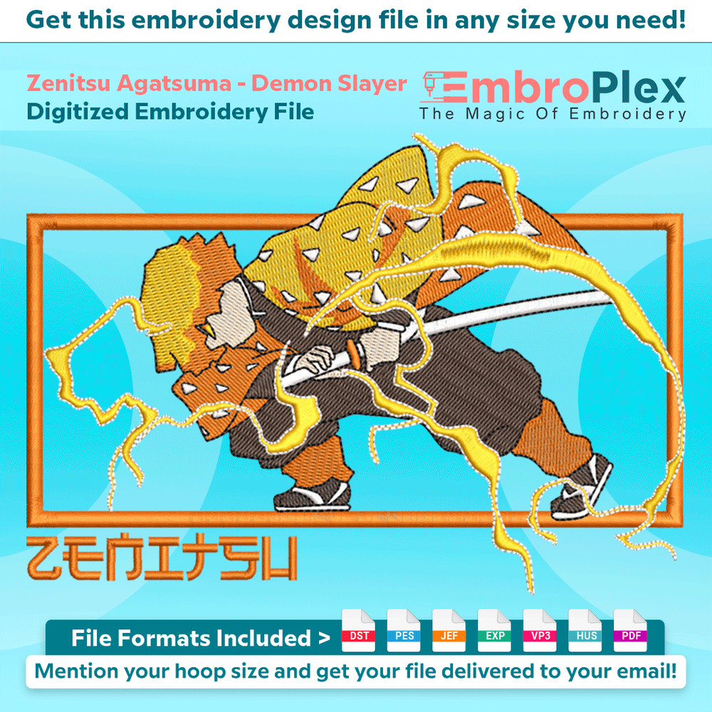 Anime-Inspired Zenitsu Agatsuma Embroidery Design File main image - This anime embroidery designs files featuring Zenitsu Agatsuma from Demon Slayer. Digital do