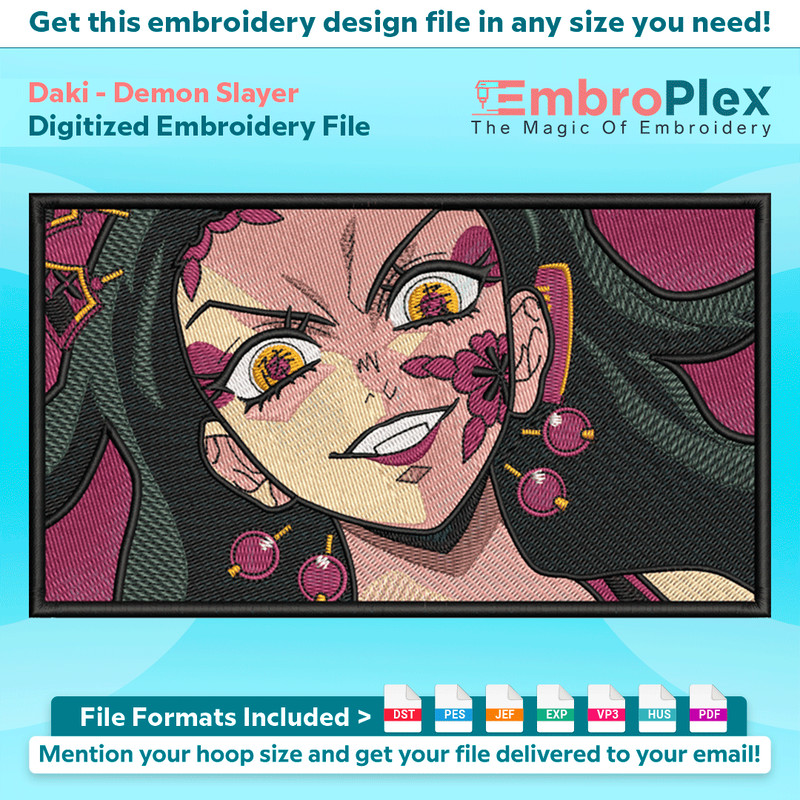 Anime-Inspired Daki Embroidery Design File main image - This anime embroidery designs files featuring Daki from Demon Slayer. Digital download in DST & PES form