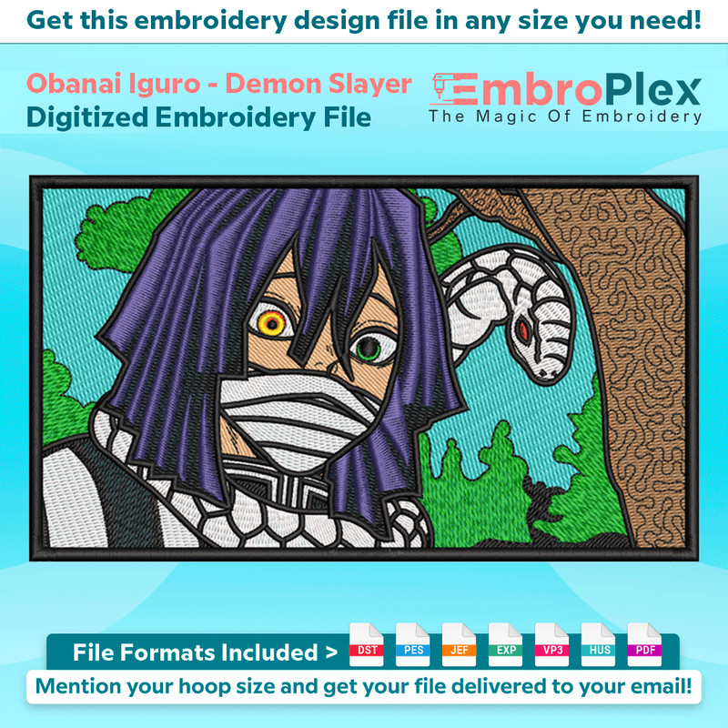 Anime-Inspired Obanai Iguro Embroidery Design File main image - This anime embroidery designs files featuring Obanai Iguro from Demon Slayer. Digital download i