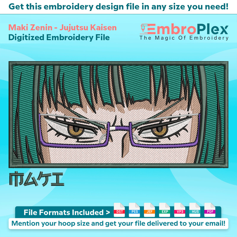 Anime-Inspired Maki Zenin Embroidery Design File main image - This anime embroidery designs files featuring Maki Zenin from Jujutsu Kaisen. Digital download in