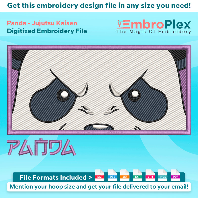 Anime-Inspired Panda Embroidery Design File main image - This anime embroidery designs files featuring Panda from Jujutsu Kaisen. Digital download in DST & PES