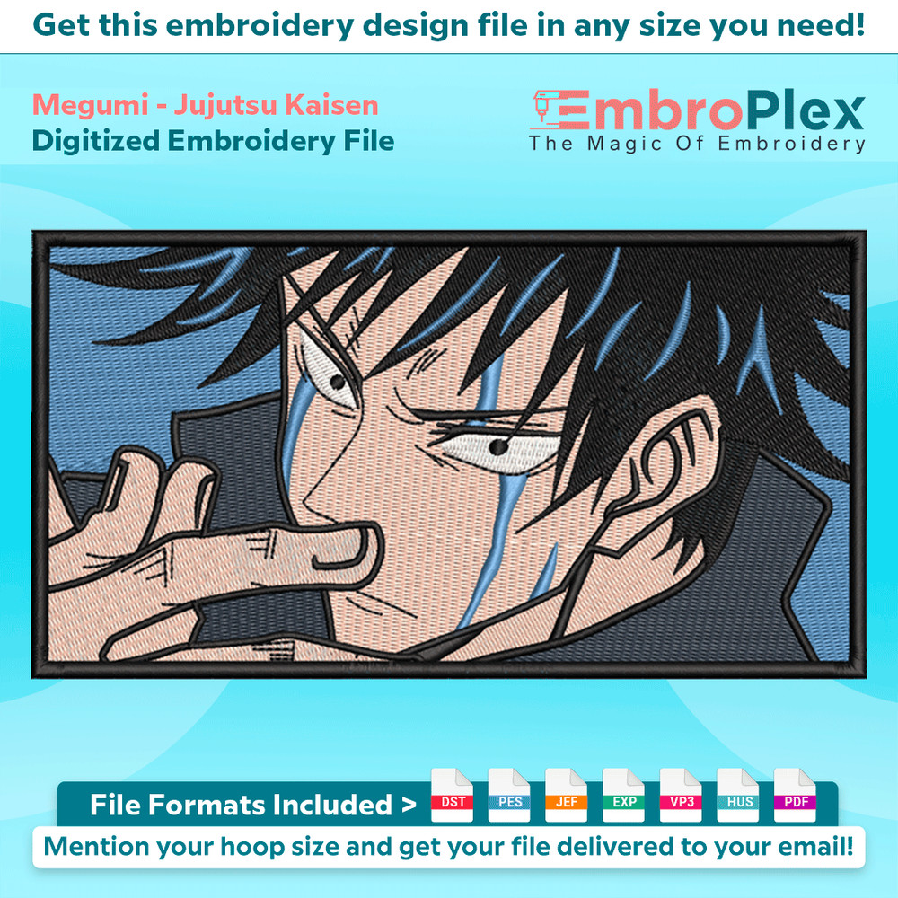 Anime-Inspired Megumi Embroidery Design File main image - This anime embroidery designs files featuring Megumi from Jujutsu Kaisen. Digital download in DST & PE