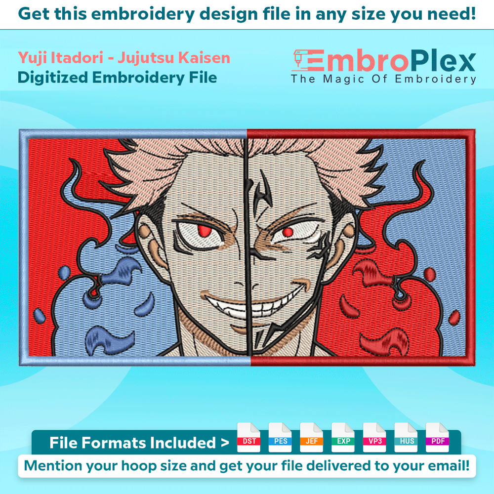 Anime-Inspired Yuji Itadori Embroidery Design File main image - This anime embroidery designs files featuring Yuji Itadori from Jujutsu Kaisen. Digital download