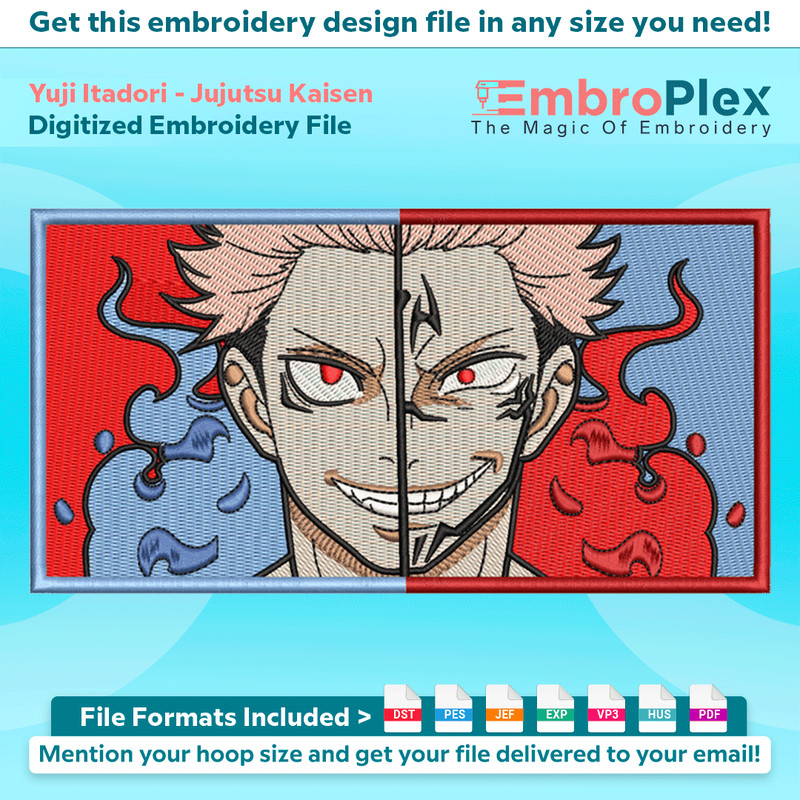 Anime-Inspired Yuji Itadori Embroidery Design File main image - This anime embroidery designs files featuring Yuji Itadori from Jujutsu Kaisen. Digital download