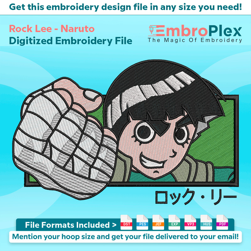 Anime-Inspired Rock Lee Embroidery Design File main image - This anime embroidery designs files featuring Rock Lee from Naruto. Digital download in DST & PES fo