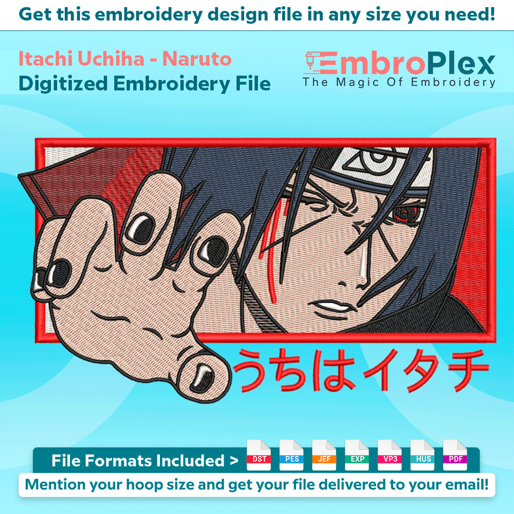 Anime-Inspired Itachi Uchiha Embroidery Design File main image - This anime embroidery designs files featuring Itachi Uchiha from Naruto. Digital download in DS