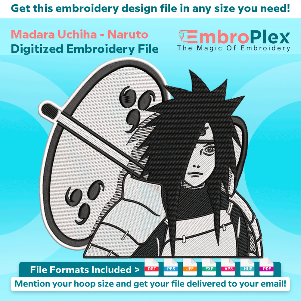 Anime-Inspired Madara Uchiha Embroidery Design File main image - This anime embroidery designs files featuring Madara Uchiha from Naruto. Digital download in DS