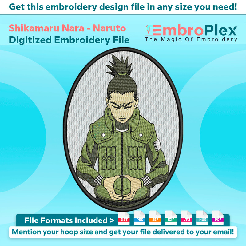 Anime-Inspired Shikamaru Nara Embroidery Design File main image - This anime embroidery designs files featuring Shikamaru Nara from Naruto. Digital download in