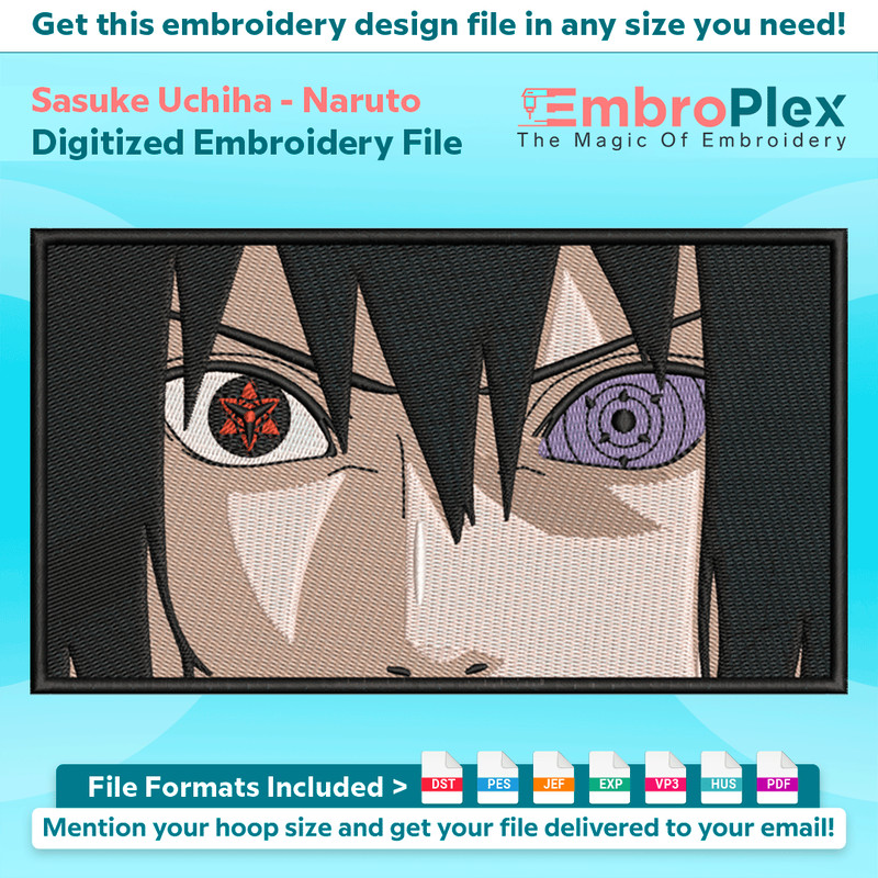 Anime-Inspired Sasuke Uchiha Embroidery Design File main image - This anime embroidery designs files featuring Sasuke Uchiha from Naruto. Digital download in DS