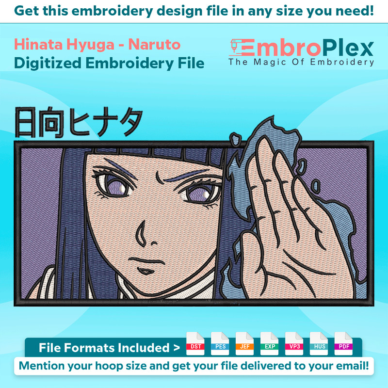 Anime-Inspired Hinata Hyuga Embroidery Design File main image - This anime embroidery designs files featuring Hinata Hyuga from Naruto. Digital download in DST