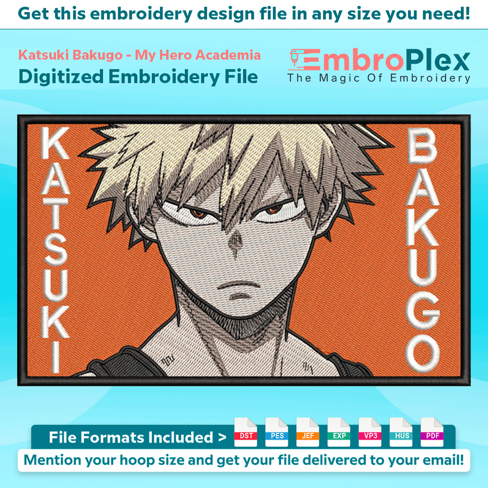 Anime-Inspired Katsuki Bakugo Embroidery Design File main image - This anime embroidery designs files featuring Katsuki Bakugo from My Hero Academia. Digital do