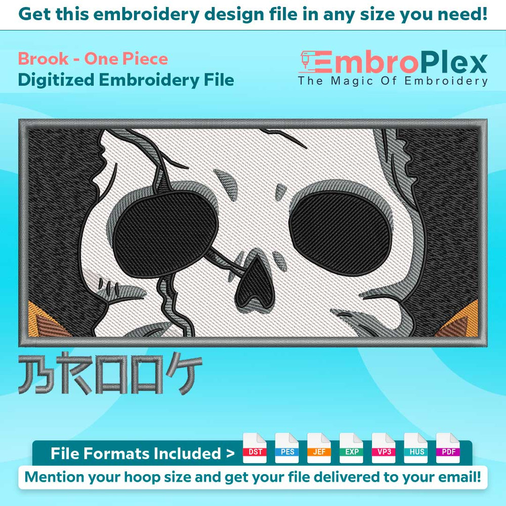 Anime-Inspired Brook Embroidery Design File main image - This anime embroidery designs files featuring Brook from One Piece. Digital download in DST & PES forma