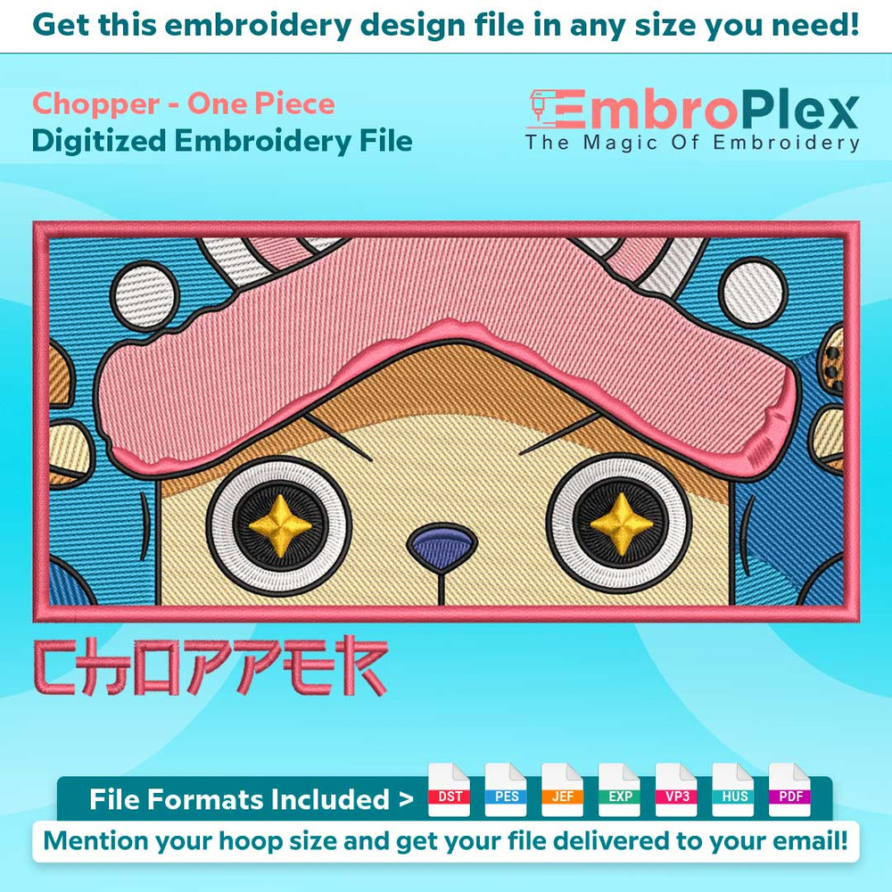 Anime-Inspired Chopper Embroidery Design File main image - This anime embroidery designs files featuring Chopper from One Piece. Digital download in DST & PES f
