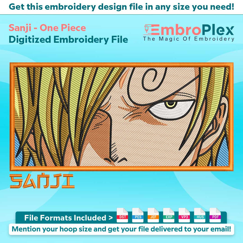 Anime-Inspired Sanji Embroidery Design File main image - This anime embroidery designs files featuring Sanji from One Piece. Digital download in DST & PES forma