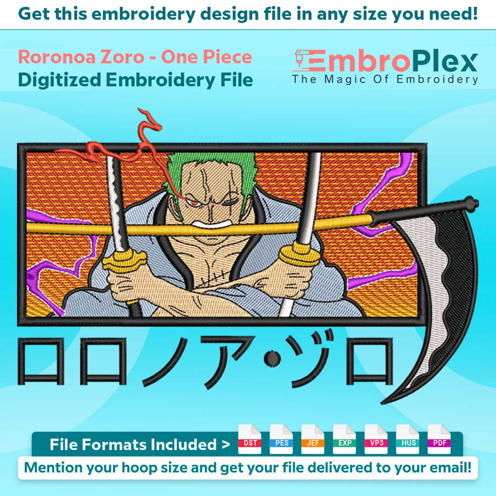 Anime-Inspired Roronoa Zoro Embroidery Design File main image - This anime embroidery designs files featuring Roronoa Zoro from One Piece. Digital download in D