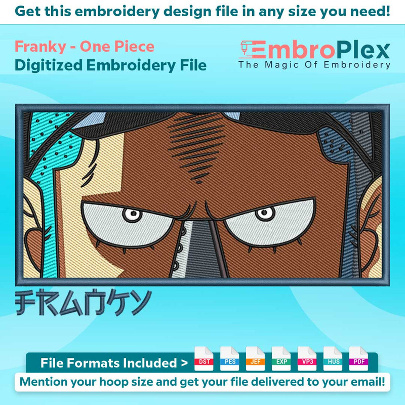 Anime-Inspired Franky Embroidery Design File main image - This anime embroidery designs files featuring Franky from One Piece. Digital download in DST & PES for