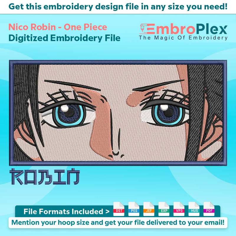 Anime-Inspired Nico Robin Embroidery Design File main image - This anime embroidery designs files featuring Nico Robin from One Piece. Digital download in DST &