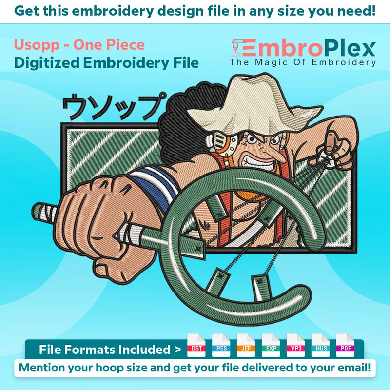 Anime-Inspired Usopp Embroidery Design File main image - This anime embroidery designs files featuring Usopp from One Piece. Digital download in DST & PES forma