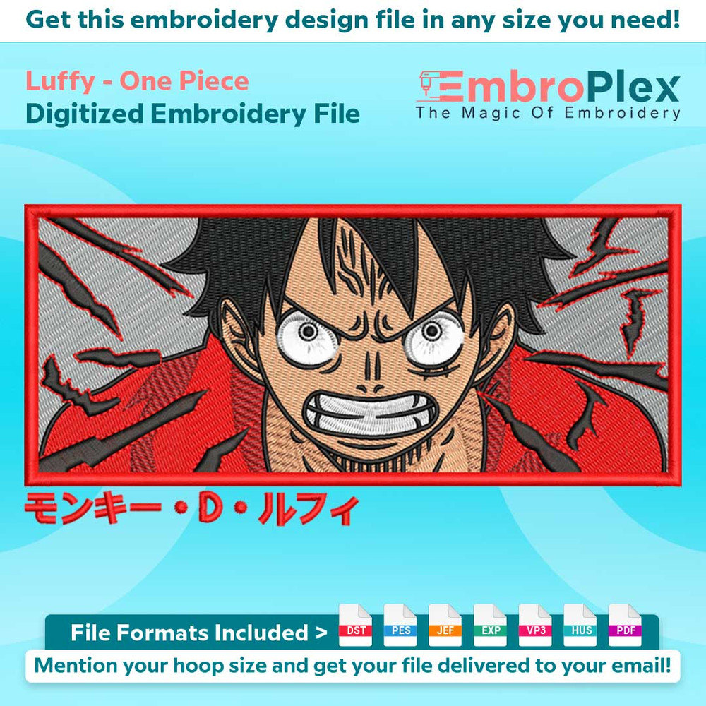 Anime-Inspired Luffy Embroidery Design File main image - This anime embroidery designs files featuring Luffy from One Piece. Digital download in DST & PES forma