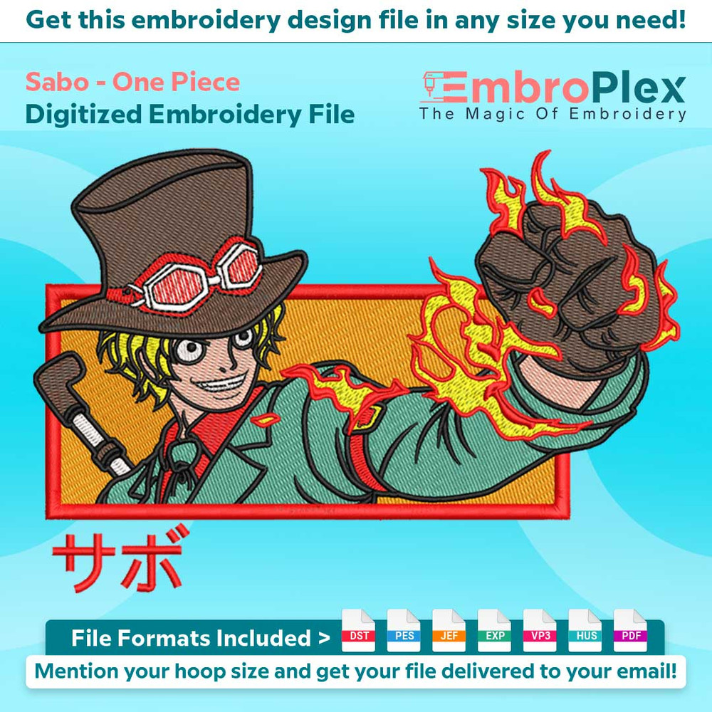 Anime-Inspired Sabo Embroidery Design File main image - This anime embroidery designs files featuring Sabo from One Piece. Digital download in DST & PES formats