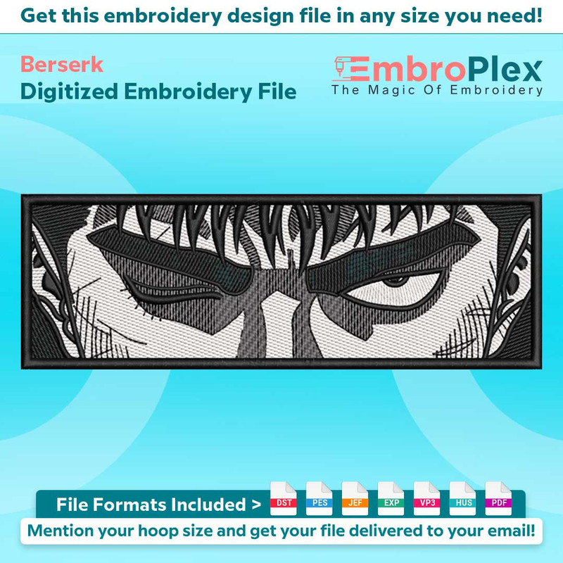 Anime-Inspired Berserk Embroidery Design File main image - This anime embroidery designs files featuring Berserk from Berserk. Digital download in DST & PES for