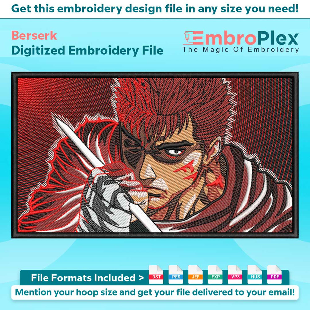 Anime-Inspired Berserk Embroidery Design File main image - This anime embroidery designs files featuring Berserk from Berserk. Digital download in DST & PES for
