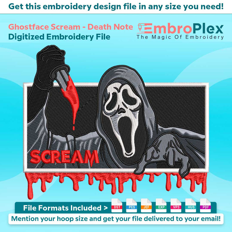 Anime-Inspired Ghostface Scream Embroidery Design File main image - This anime embroidery designs files featuring Ghostface Scream from Death Note. Digital down