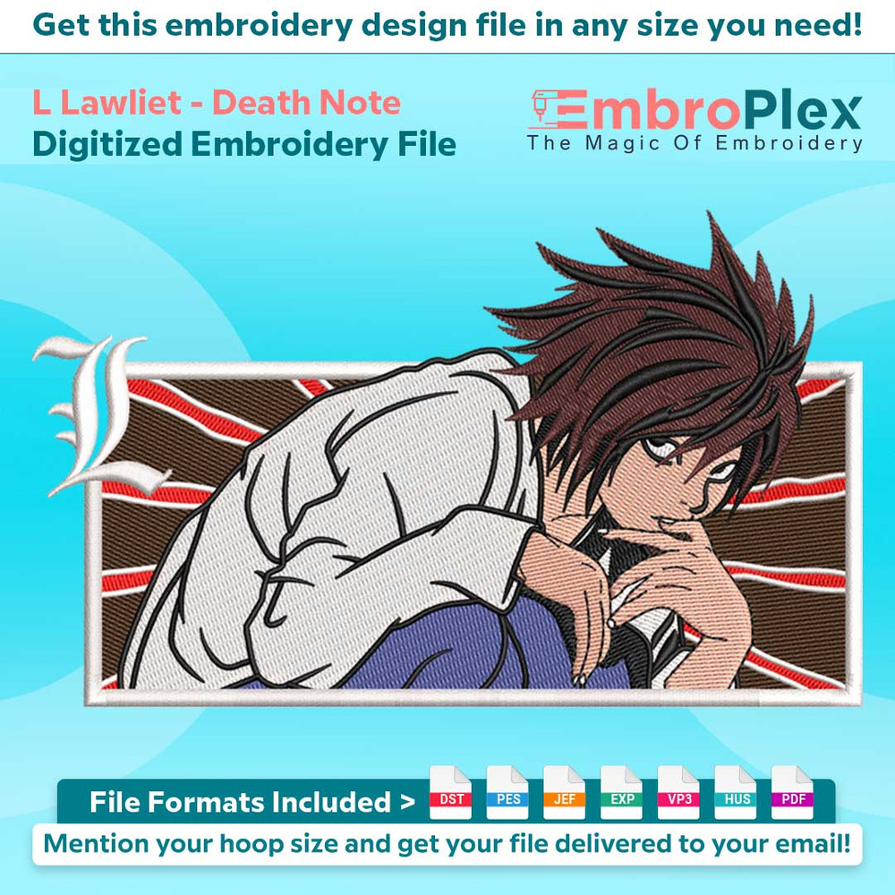 Anime-Inspired L Lawliet Embroidery Design File main image - This anime embroidery designs files featuring L Lawliet from Death Note. Digital download in DST &