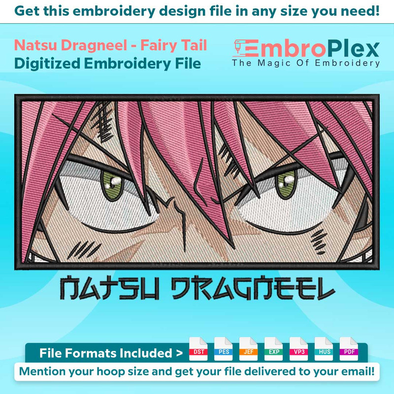 Anime-Inspired Natsu Dragneel Embroidery Design File main image - This anime embroidery designs files featuring Natsu Dragneel from Fairy Tail. Digital download