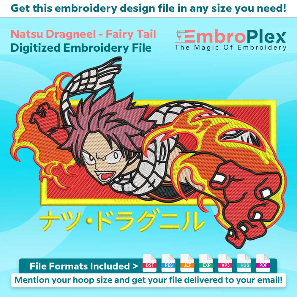Anime-Inspired Natsu Dragneel Embroidery Design File main image - This anime embroidery designs files featuring Natsu Dragneel from Fairy Tail. Digital download