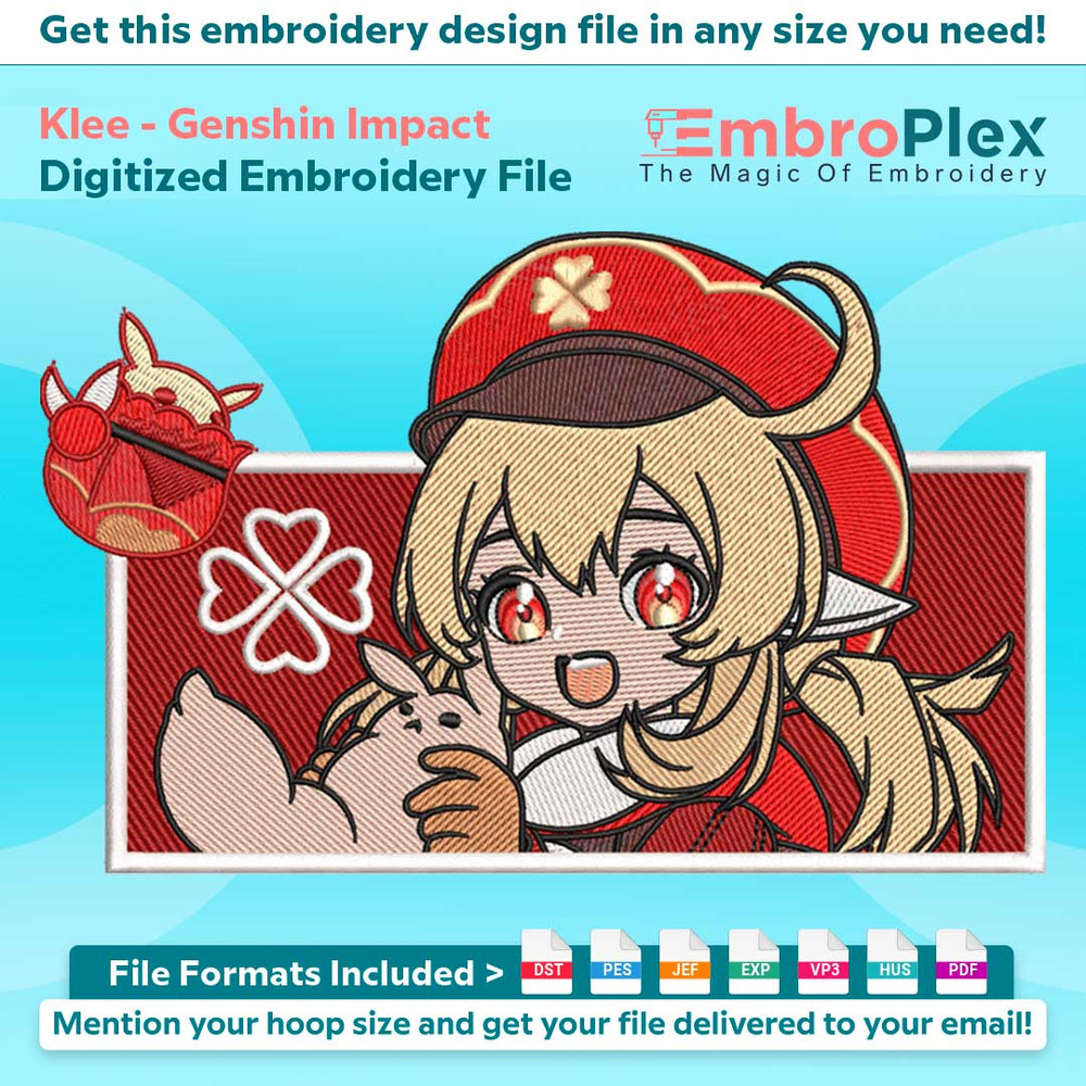 Anime-Inspired Klee Embroidery Design File main image - This anime embroidery designs files featuring Klee from Genshin Impact. Digital download in DST & PES fo