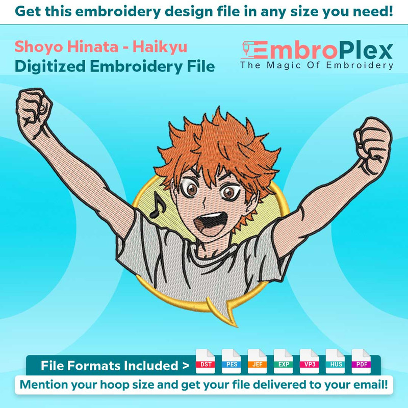 Anime-Inspired Shoyo Hinata Embroidery Design File main image - This anime embroidery designs files featuring Shoyo Hinata from Haikyu. Digital download in DST