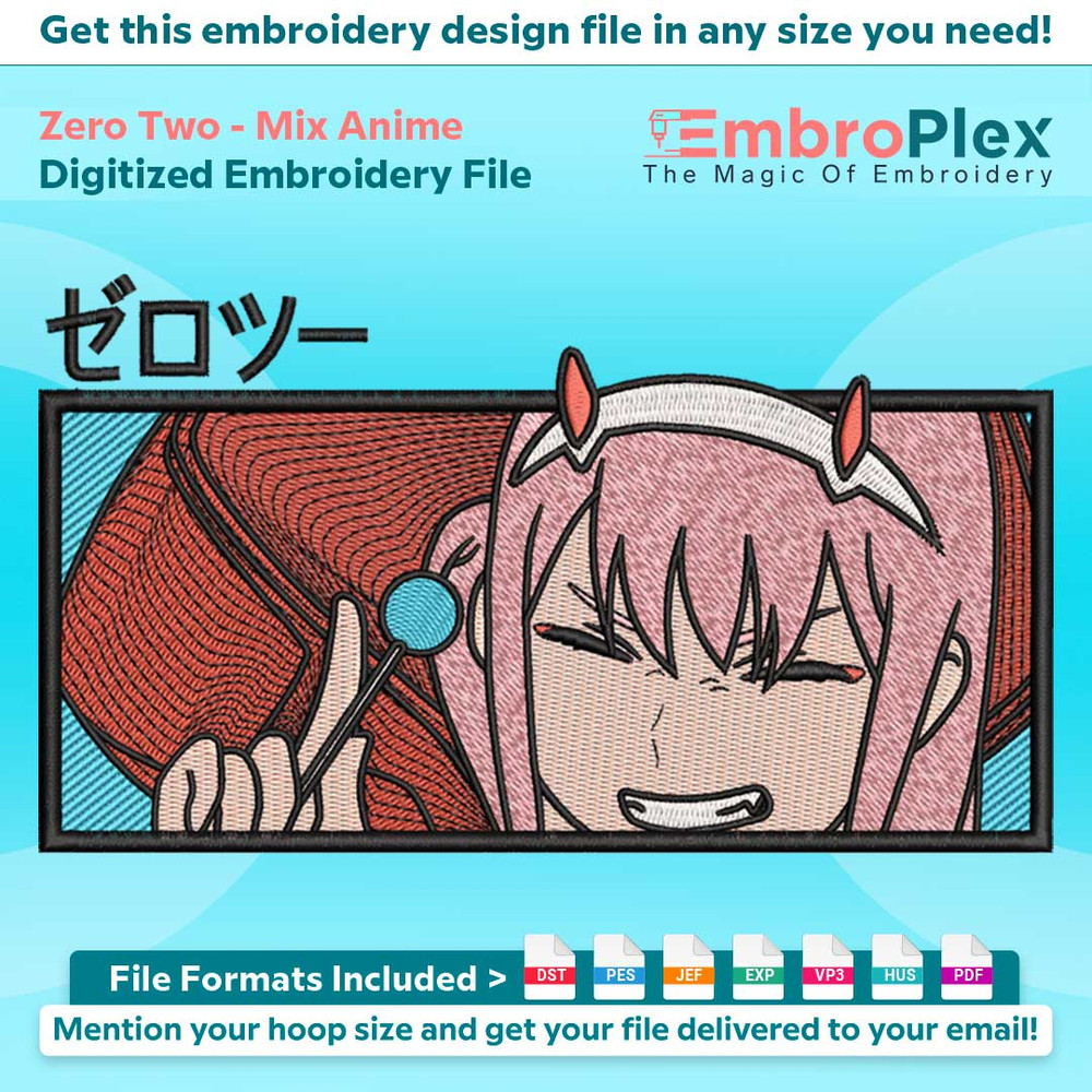 Anime-Inspired Zero Two Embroidery Design File main image - This anime embroidery designs files featuring Zero Two from Mix Anime . Digital download in DST & PE