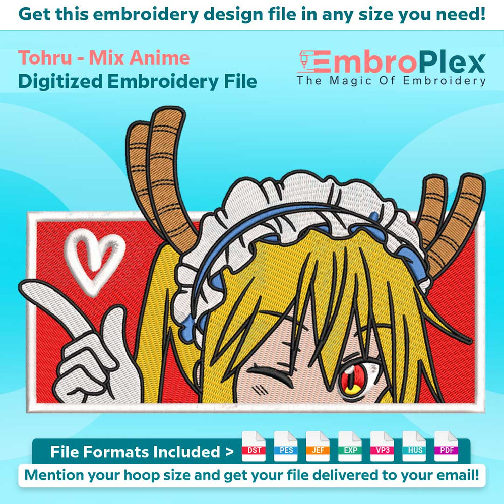 Anime-Inspired Tohru Embroidery Design File main image - This anime embroidery designs files featuring Tohru from Mix Anime . Digital download in DST & PES form