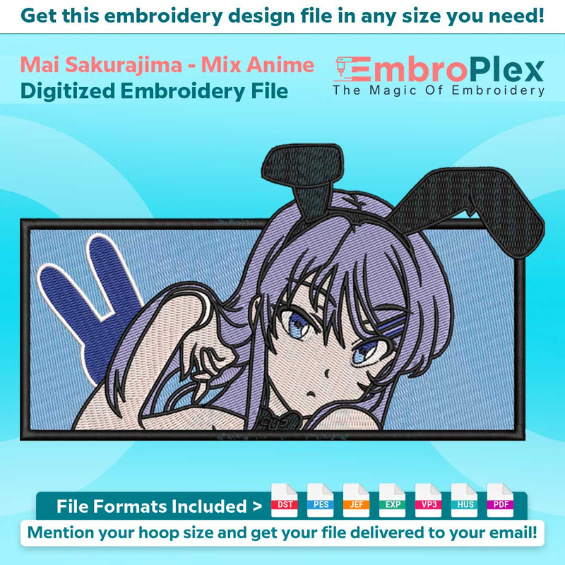 Anime-Inspired Mai Sakurajima Embroidery Design File main image - This anime embroidery designs files featuring Mai Sakurajima from Mix Anime . Digital download