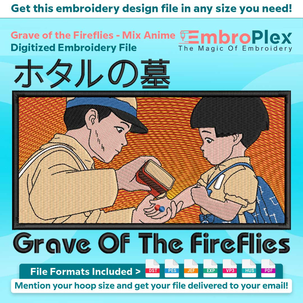 Anime-Inspired Grave of the Fireflies Embroidery Design File main image - This anime embroidery designs files featuring Grave of the Fireflies from Mix Anime .