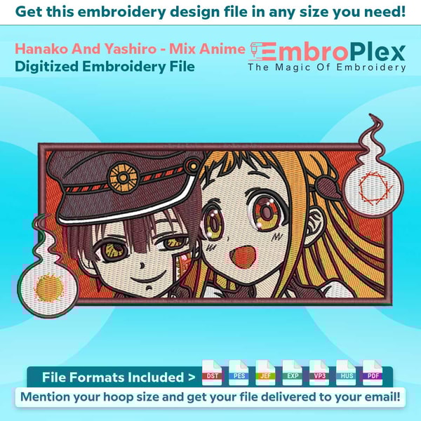Anime-Inspired Hanako And Yashiro Embroidery Design File main image - This anime embroidery designs files featuring Hanako And Yashiro from Mix Anime . Digital