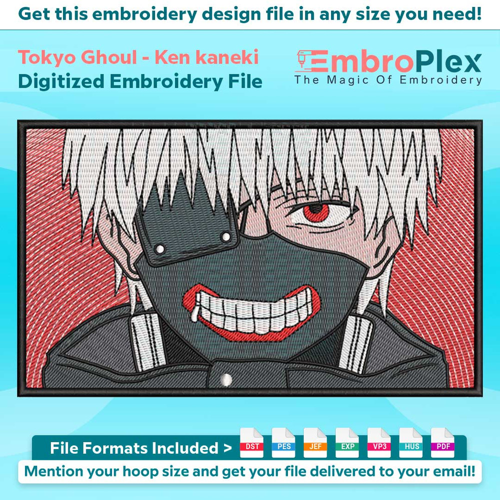 Anime-Inspired Ken kaneki Embroidery Design File main image - This anime embroidery designs files featuring Ken kaneki from Tokyo Ghoul . Digital download in DS