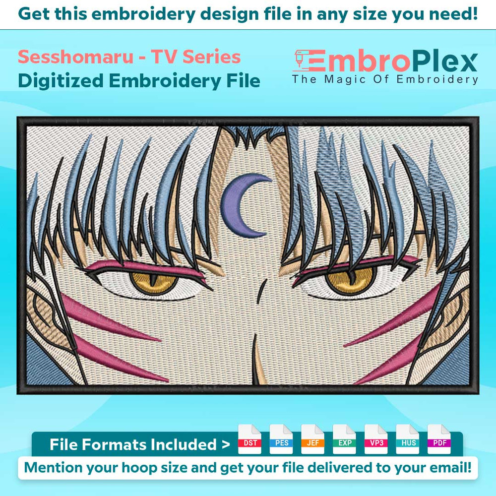 Anime-Inspired  Sesshomaru Embroidery Design File main image - This anime embroidery designs files featuring Sesshomaru from TV Series. Digital download in DST