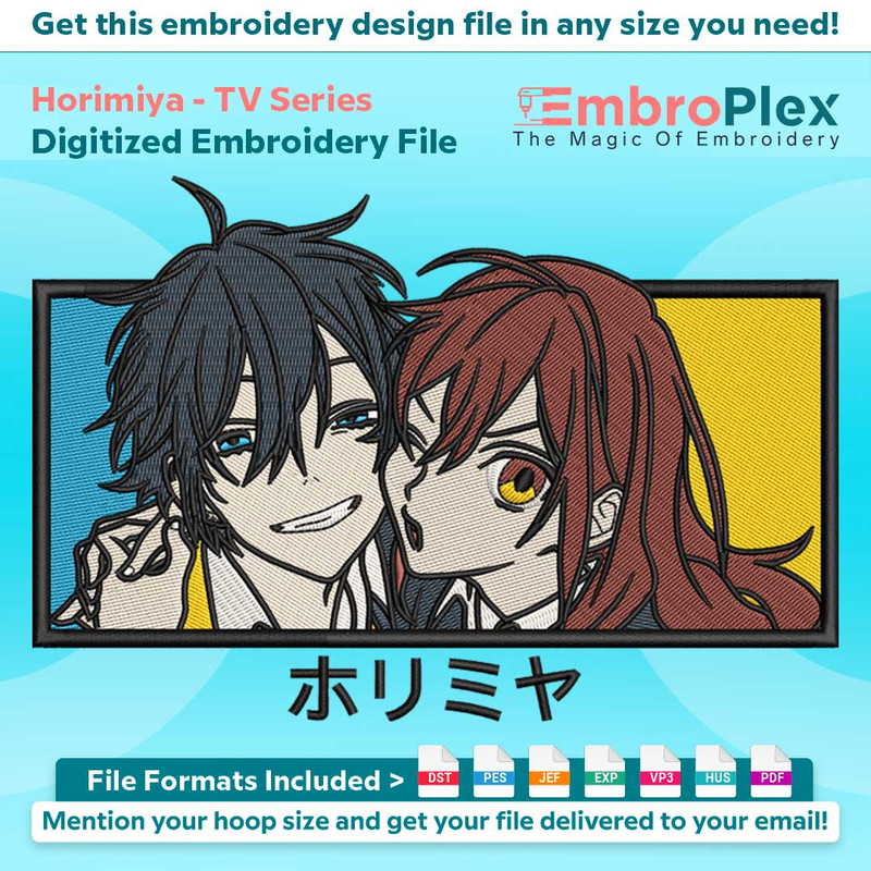 Anime-Inspired Horimiya Embroidery Design File main image - This anime embroidery designs files featuring Horimiya from TV Series. Digital download in DST & PES